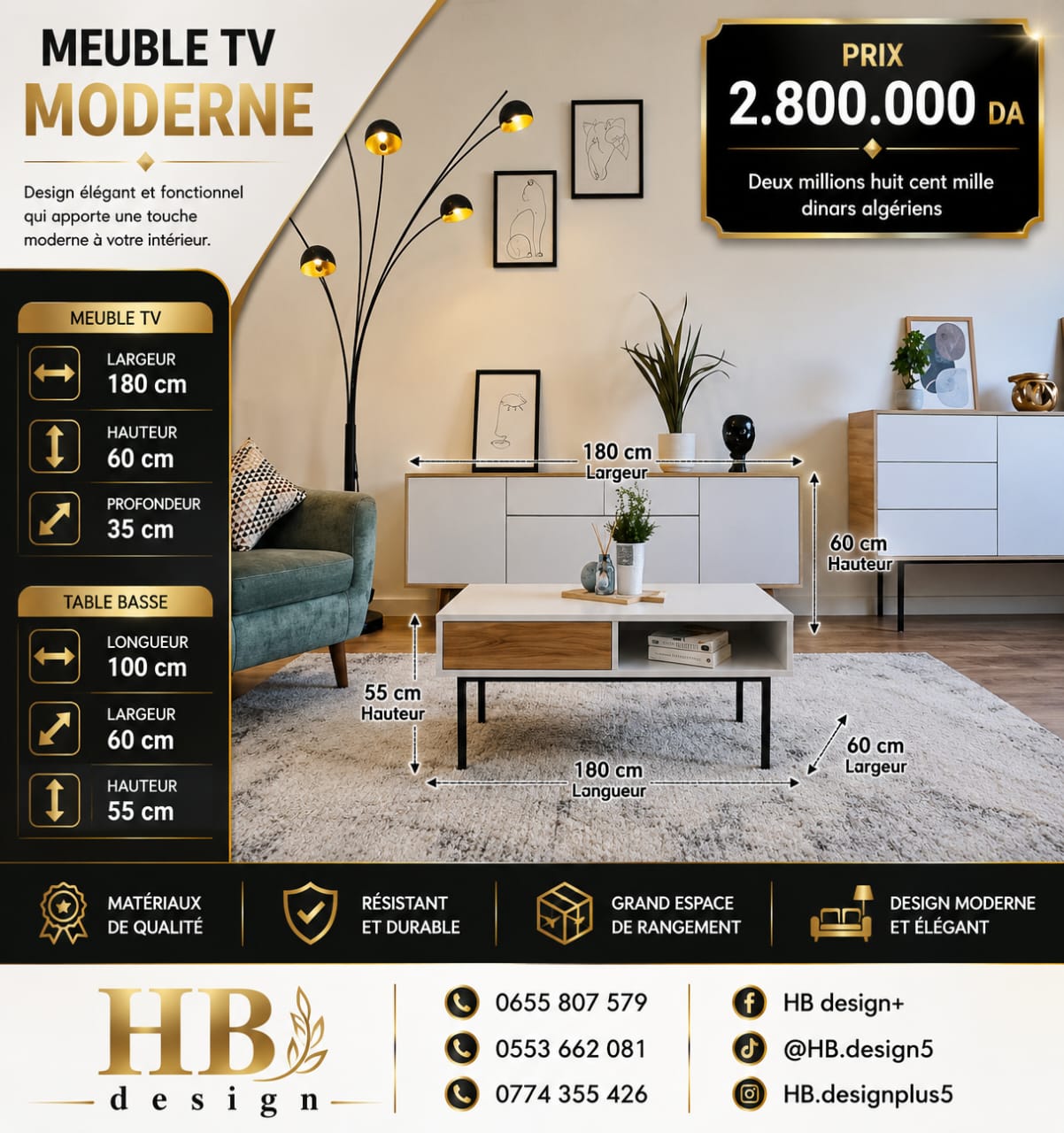 Meuble TV Moderne Blanc pieds noirs — HB Design+
